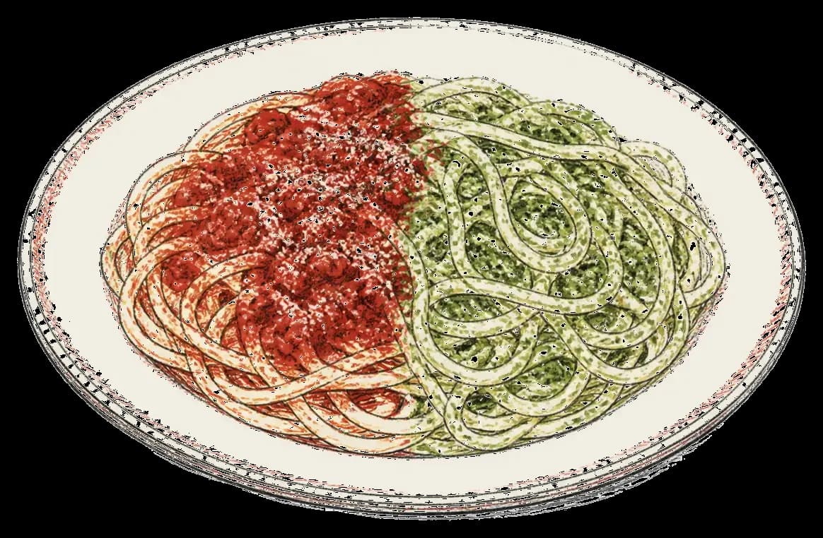 Line illustration of spaghetti with marinara and pesto