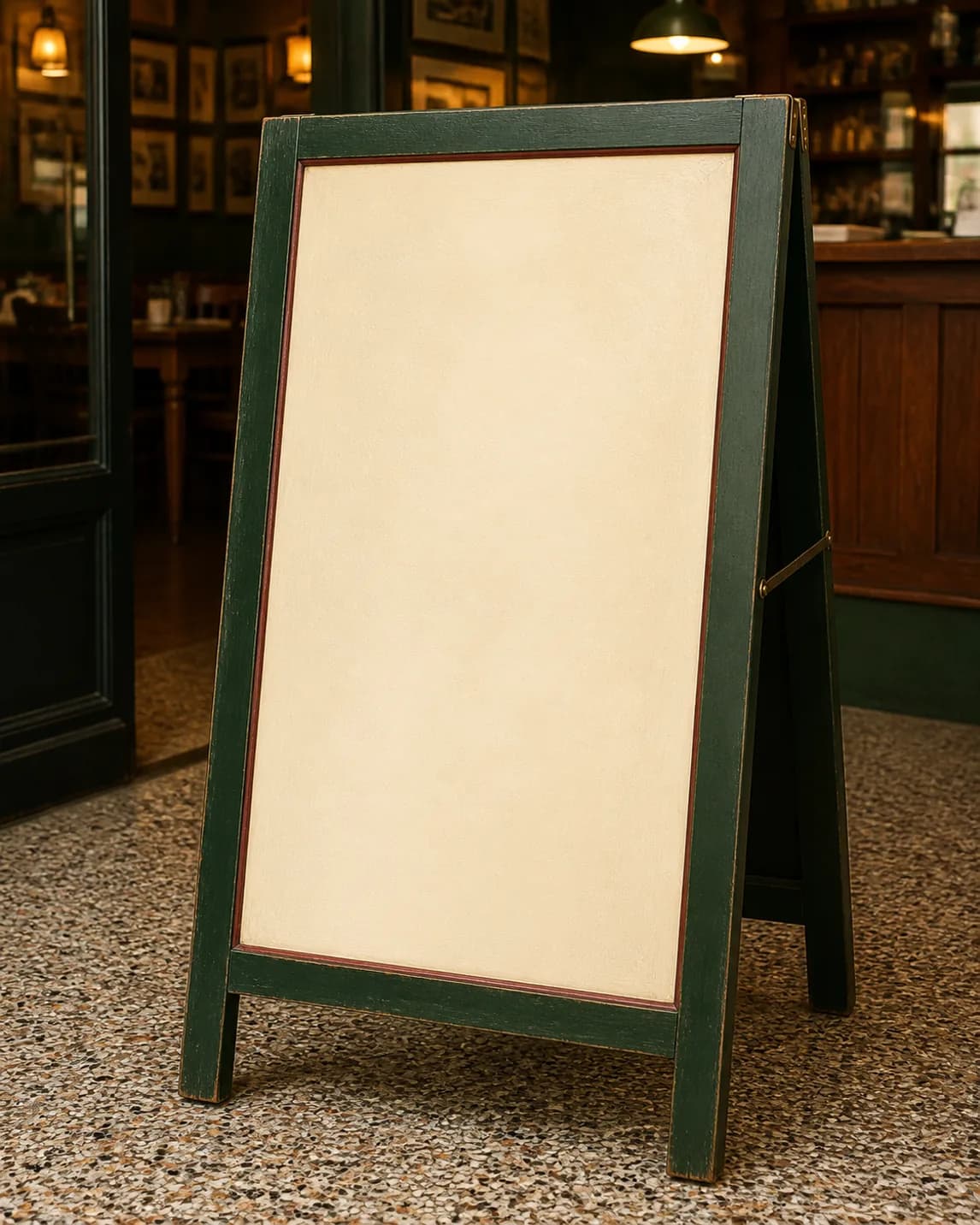 A forest green folding restaurant easel near the front counter