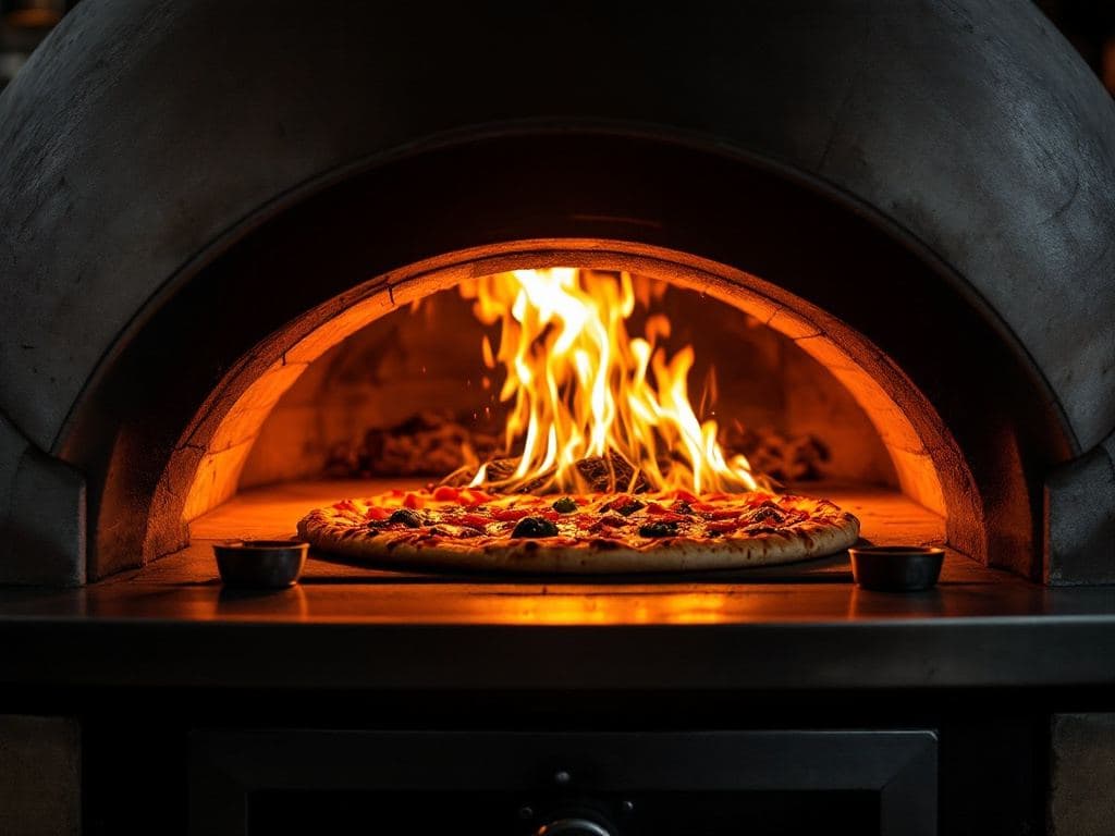 The wood fired oven, lit
